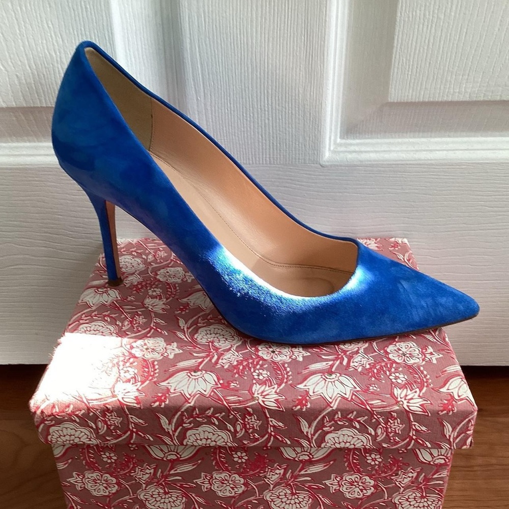 J. Crew Neon Dahlia Blue Suede Elsie Stiletto Pumps 11 - Picture 2 of 4
